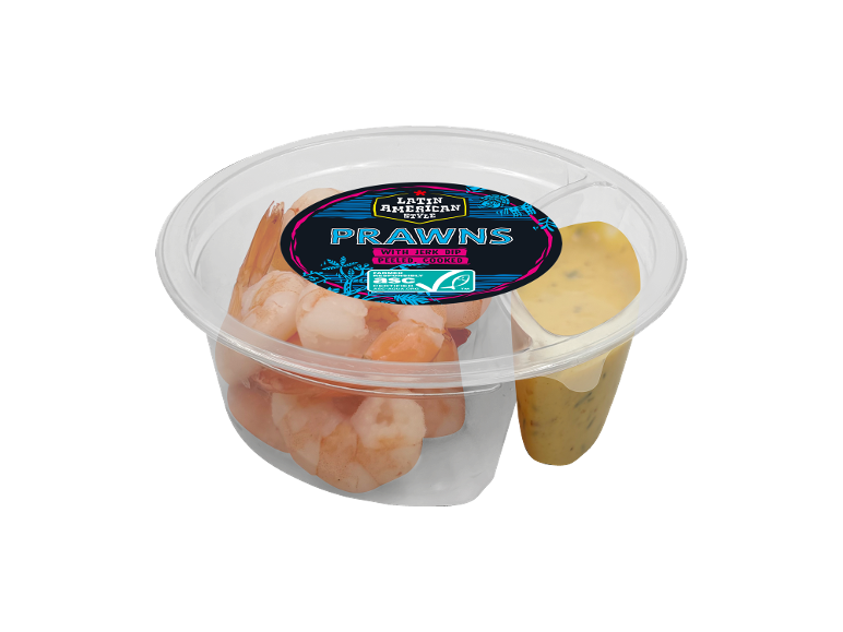 Cooked prawns with jerk dip in a plastic container, Latin American style.