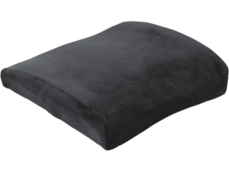 Dark grey ergonomic lumbar cushion made of soft fabric.