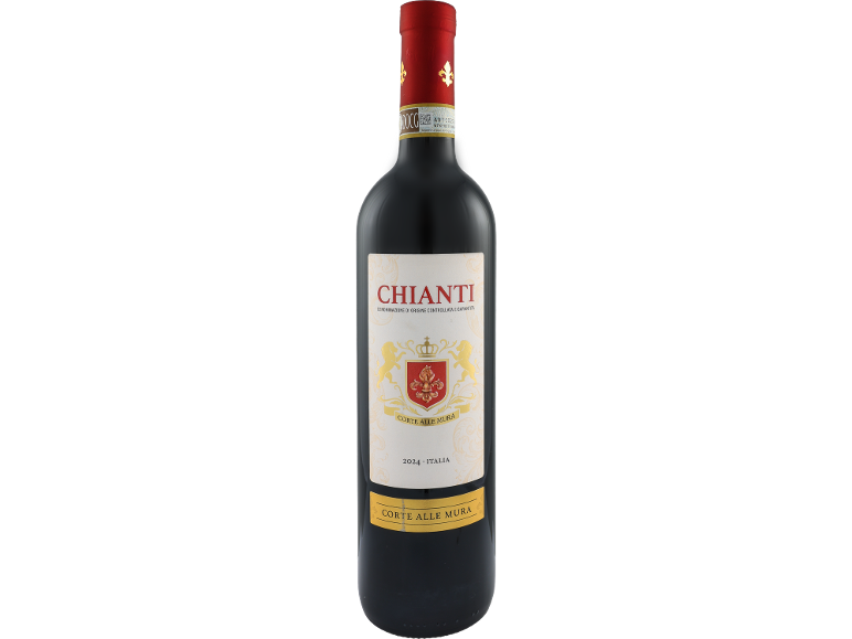 Red wine bottle with a white label featuring a crest, lions, and 'CHIANTI' text.