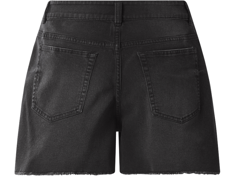 Black denim shorts with a frayed hem, back view
