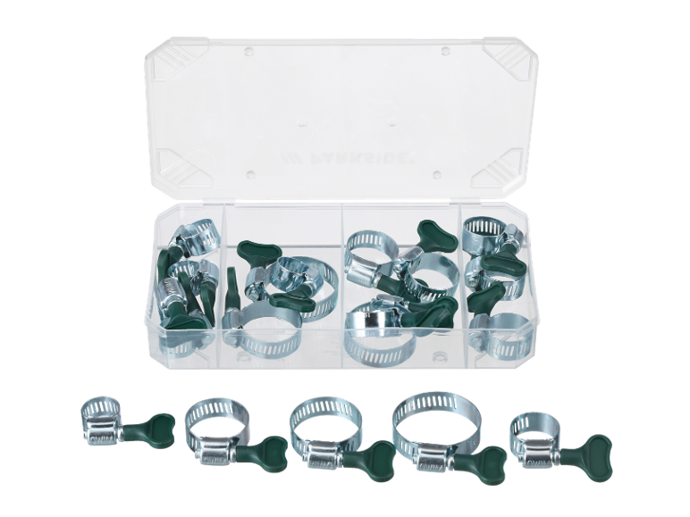 Hose clamp set with wing screws in a clear box, various sizes.