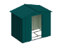 Green metal garden shed with sliding doors and a gable roof.