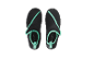 A pair of black water shoes with mint green detailing.