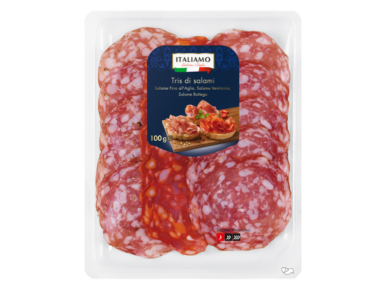 100g tray of three types of salami: Salame Fino all'Aglio, Salame Ventricina, and Salame Bottega.