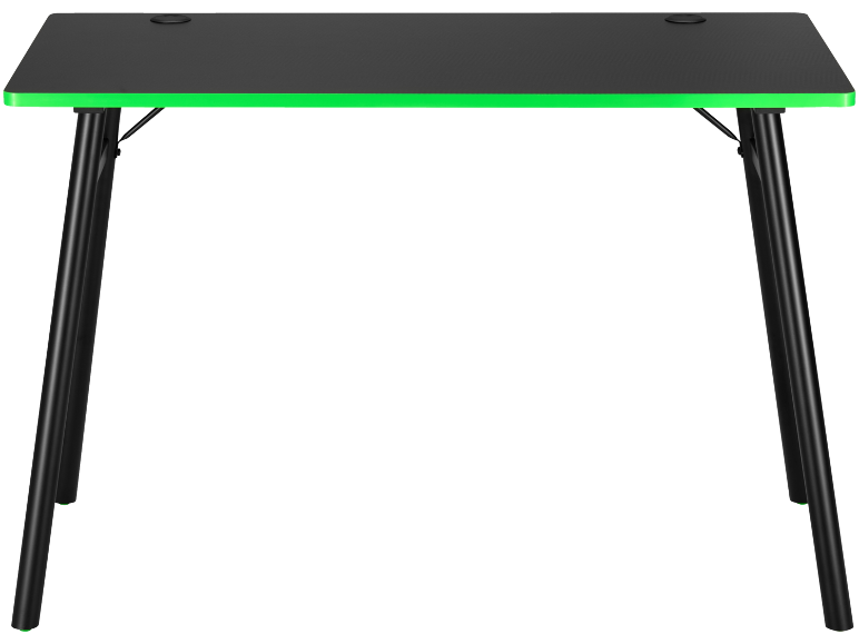 Black gaming desk with a bright green edge and metal legs.