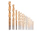 Set of various golden-colored drill bits arranged by size on a black background.