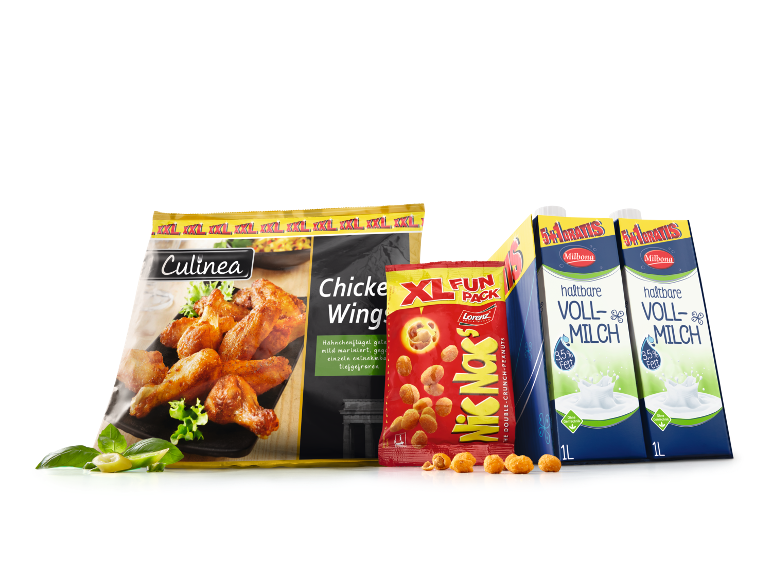 A package of chicken wings, a bag of peanuts, and two cartons of milk.