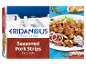 Seasoned pork strips gyros style with Greek landscape and nutritional information.