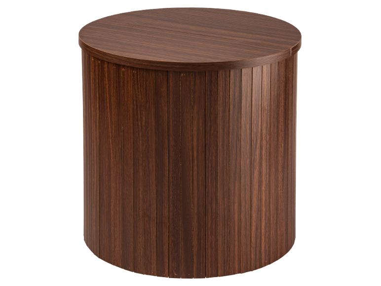 Round wooden table in dark brown with vertical slats.