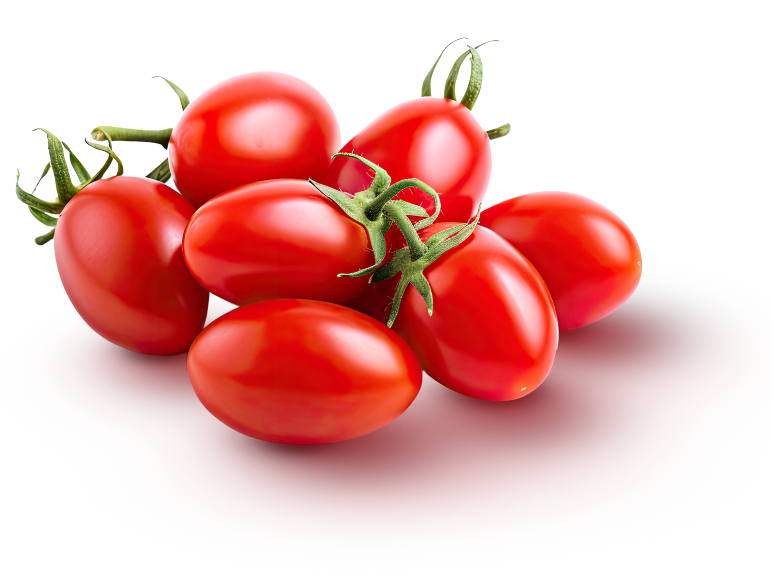 A cluster of cherry tomatoes on a white background