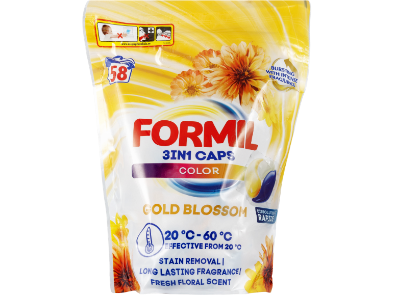 Gold Blossom 3in1 laundry capsules for colors, 58 pieces, with intense floral fragrance.