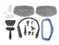 Steam cleaner accessory set, including cloths, nozzles, and measuring cup.