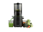 Black slow juicer with green juice and vegetables.