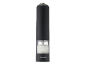 Black electric salt grinder with a clear section filled with coarse salt.
