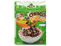 Box of chocolate shell-shaped cereal with a cartoon monkey and a bowl of cereal with milk.