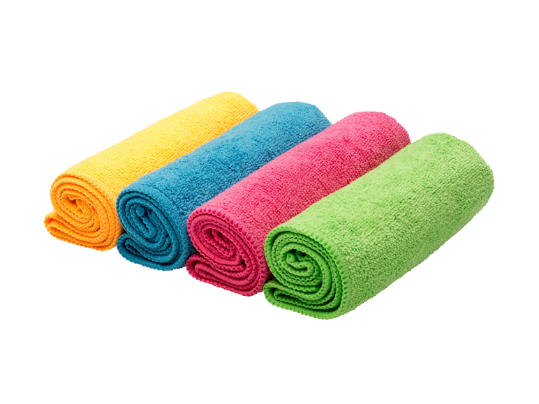 Rolled yellow, blue, pink, and green microfiber cloths.