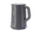 Dark grey electric kettle with water level indicator and illuminated power switch.