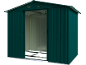 Green metal garden shed with open sliding doors