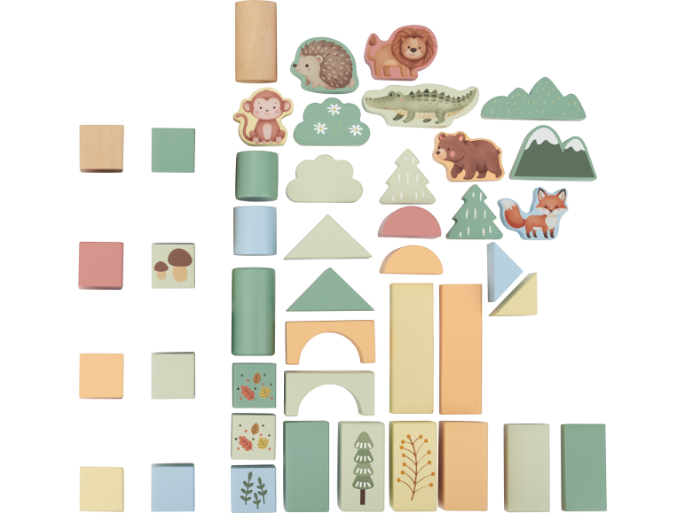 Wooden building blocks with a forest theme, including animals and trees.