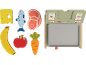 Wooden toy food items including cheese, fish, steak, banana, apple, carrot, and a toy scale.
