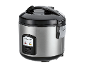 Silver and black electric rice cooker with handles and control buttons.