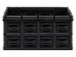 Black foldable storage crate on a black background.