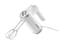 White hand mixer with whisks on a black background.