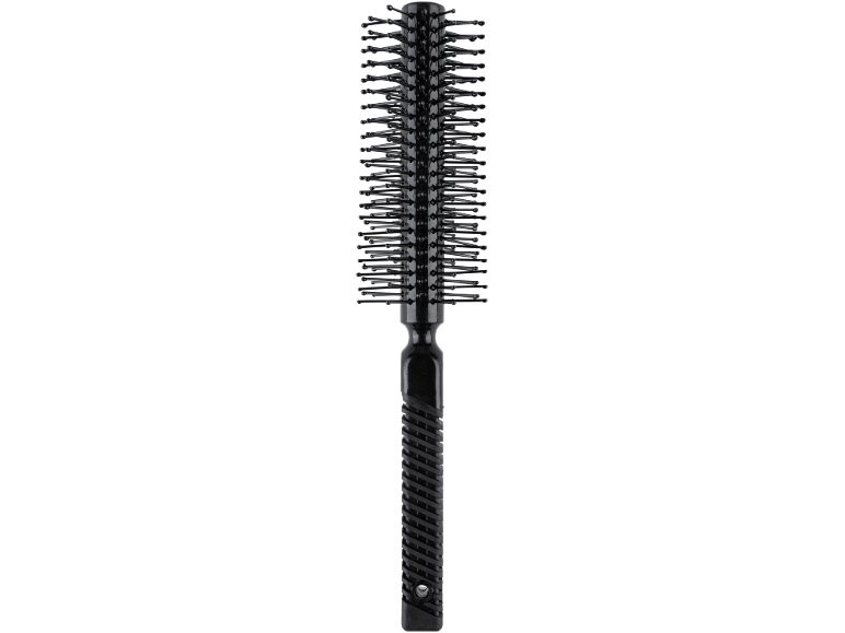 Black round hairbrush with plastic bristles and a textured handle.
