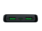 Black portable battery charger with green USB-A ports and a USB-C PD port.