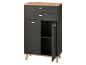 Dark grey chest of drawers with a wooden top, three drawers, and a cabinet with a shelf.