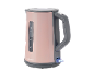 Pink electric kettle with a water level indicator and an illuminated switch.