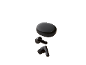 Black wireless earbuds and charging case on a black background.