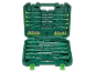 Green screwdriver and bit set in a case, including various sizes and types.