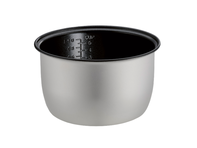 Rice cooker inner pot with measurement markings in cups and liters.