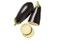Fresh eggplants, one cut in half and two slices, on a black background.