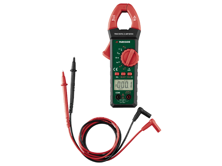 Digital clamp meter with test leads, displaying 000.1 mV.