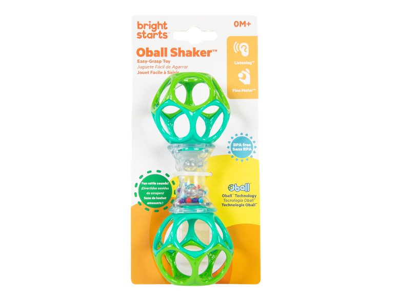 Green and blue Oball Shaker rattle toy for babies, easy-grasp, with rattle sounds.