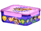 Lunch box with a pink lid and blue base, decorated with puppy and dinosaur characters.