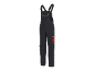 Dark grey overalls with red accents and pockets.