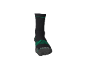 Black sports sock with green and grey details, with white lettering on the sole of the foot.