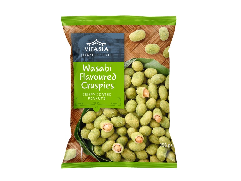 Japanese style wasabi flavoured crispies, crispy coated peanuts, 150 g.