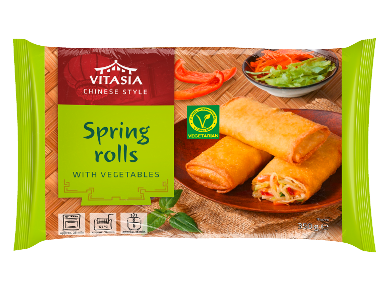 Frozen spring rolls with vegetables, Chinese style, with cooking instructions.