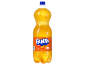 Two liters of orange flavored soft drink in a clear bottle with an orange label