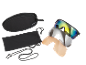 Sports glasses with three interchangeable lenses, a case, a pouch, and a cord.