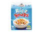 Cereal box for rice snaps with a bowl of cereal and milk, showing nutritional information.