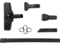 Black vacuum cleaner accessories: brush, crevice tool, extension, and holder.