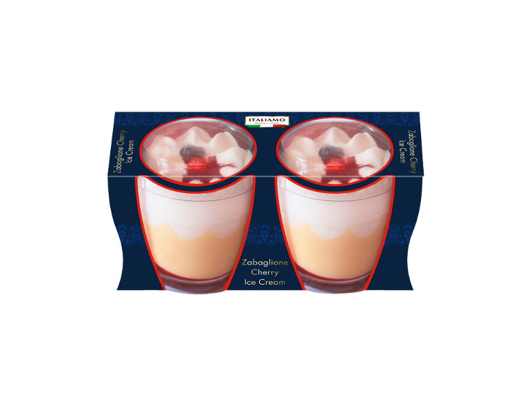 Zabaglione cherry ice cream in a double pack, with text indicating the flavor.