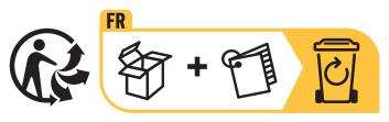 French recycling instructions: cardboard box and notebook go into the recycling bin.