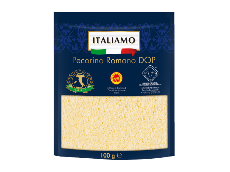 Grated Pecorino Romano cheese in blue packaging with an Italian flag.