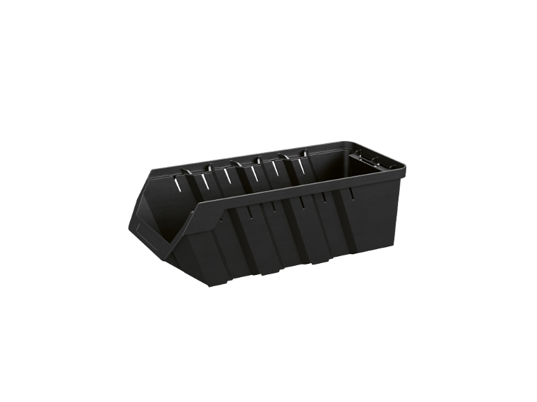 Black plastic storage bin with open front